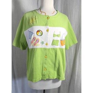 Vintage Blouse Size L VTG 90's Embroidered Lime Green Cottagecore Coquette